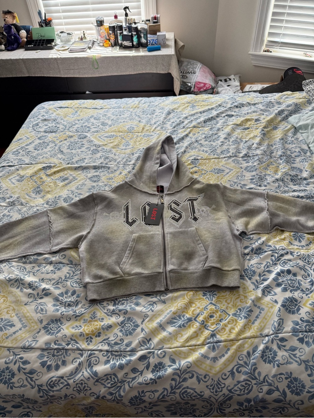 LOST INTRICACY  Girls' Light Gray Cropped Zip Hoodie